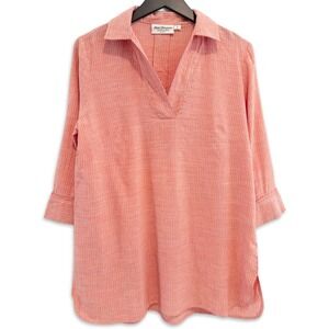 Norm Thompson Tunic Shirt Women Medium Striped Linen Blend V-Neck Coastal Preppy